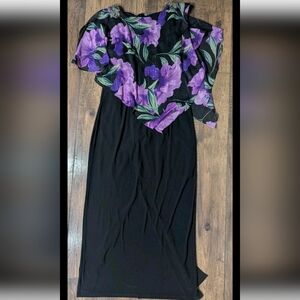 Ignite Evenings Vintage Chiffon Overlay Black Maxi Dress Size 16 Purple Floral